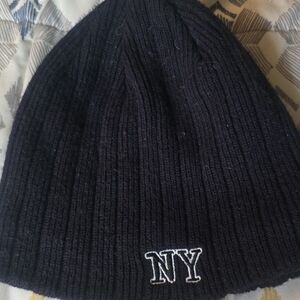 Blue Ribbed Fleece Lined Beanie  with NY Embroidery